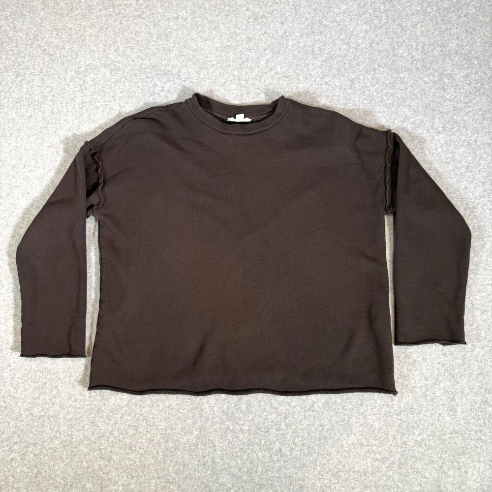 Eileen Fisher Petite Brown Raw Edge Boxy Crew Neck Long Sleeve Top Petite XS PP